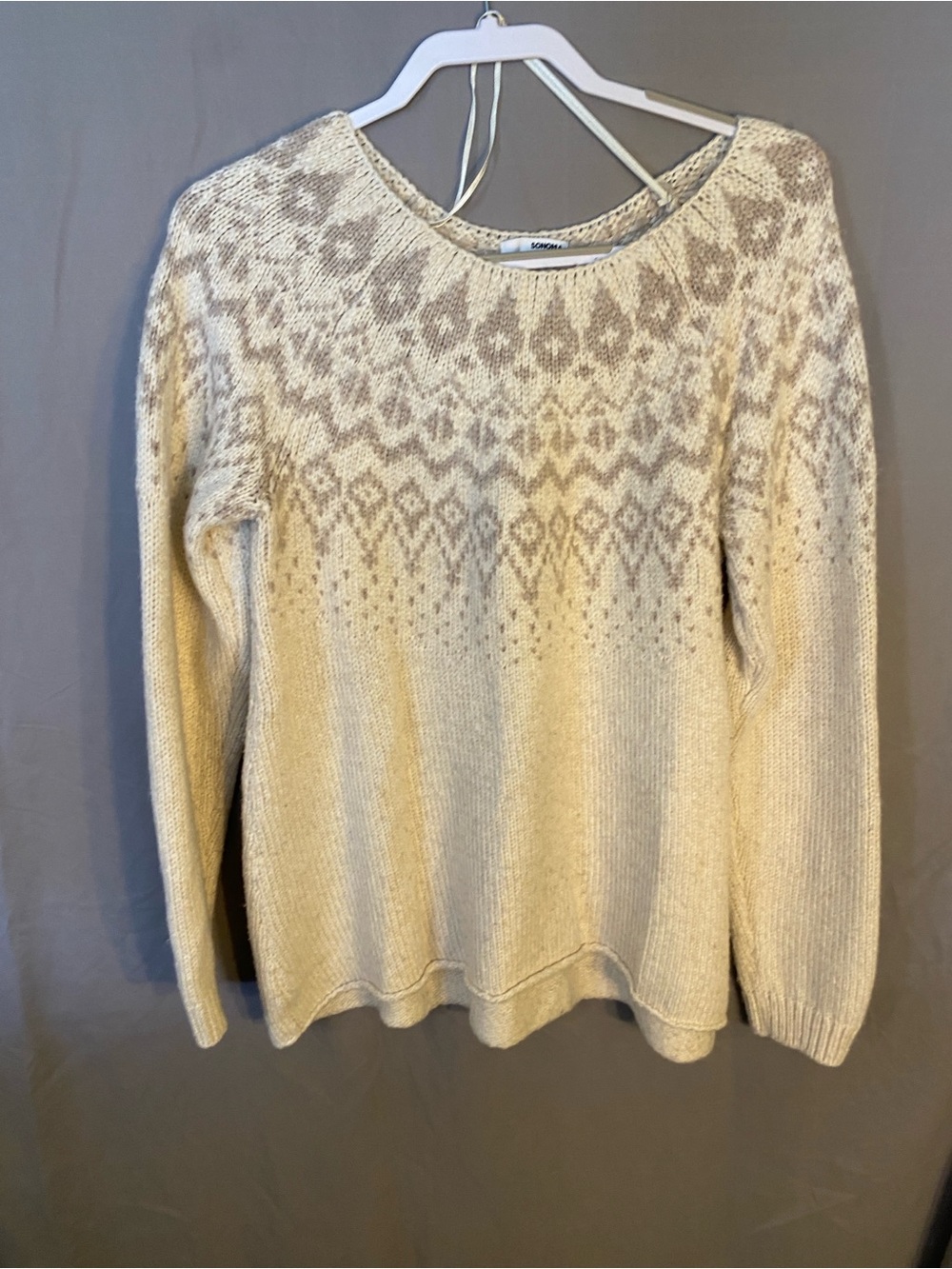 Sonoma Cream and Light Taupe Fair Isle Crewneck Sweater